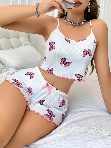 AmoraSecret AmoraSecret Pamuklu Beyaz Üstüne Pembe Kurdela Desenli Fitilli Askılı Şortlu Pijama Takımı - 1