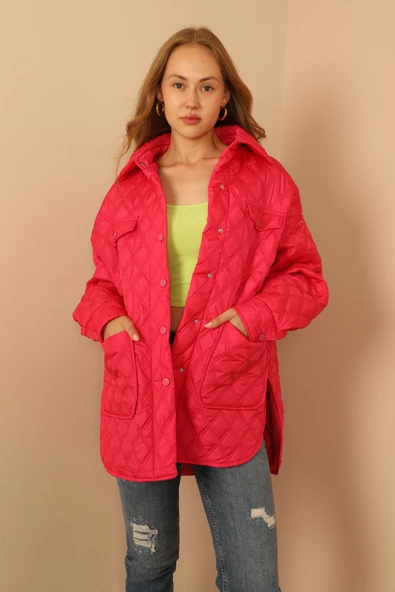 Kapitone Kumaş Çift Dikiş Desen Kadın Mont-Fuşya - Resim 2