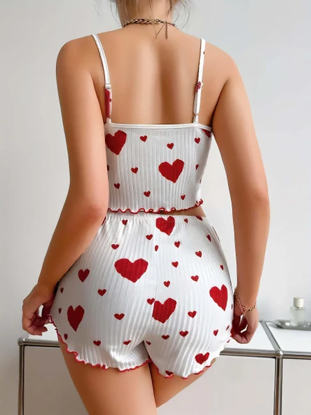 Amora Secret Pamuklu Beyaz Üstüne Kırmızı Kalp Desenli Askılı Şortlu Pijama Takımı - 3