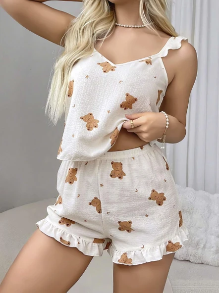 Amora Secret Pamuklu Ayıcık Desen Fırfırlı Askılı Şortlu Pijama Takımı - 3