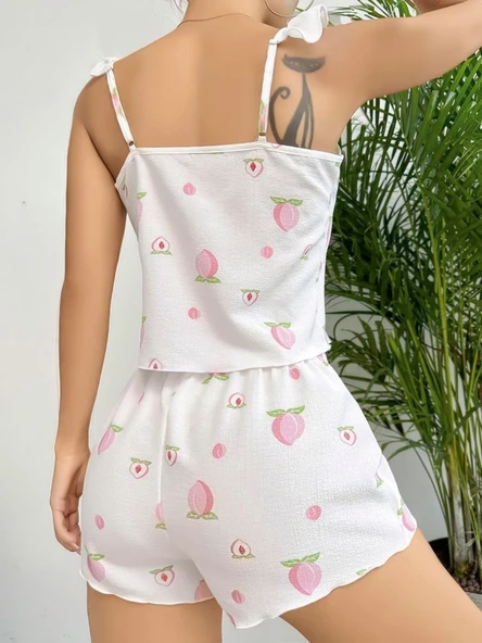 Amora Secret Pamuklu Beyaz Üstüne Çiçek Desen Fırfır Askılı Şortlu Pijama Takımı - 3