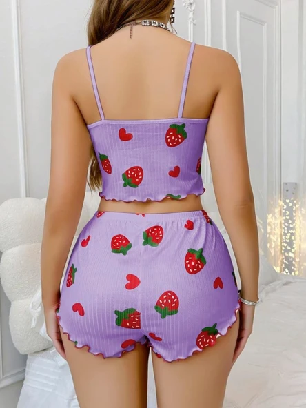 Amora Secret Pamuklu Lila Üstüne Çilek Desen Fitilli Askılı Şortlu Pijama Takımı - 3