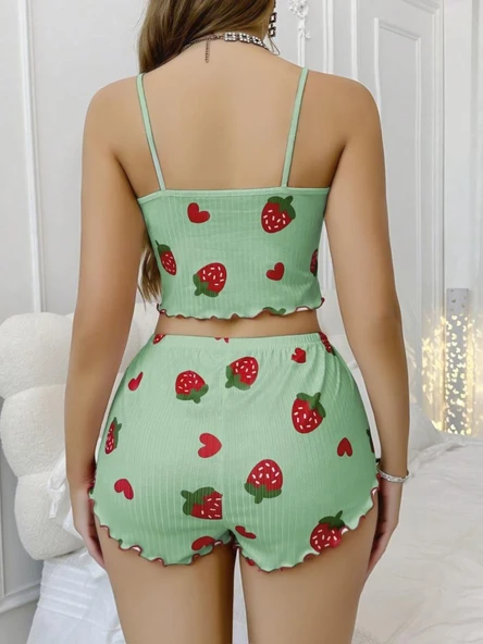 Amora Secret Pamuklu Yeşil Üstüne Çilek Desen Fitilli Askılı Şortlu Pijama Takımı - 3