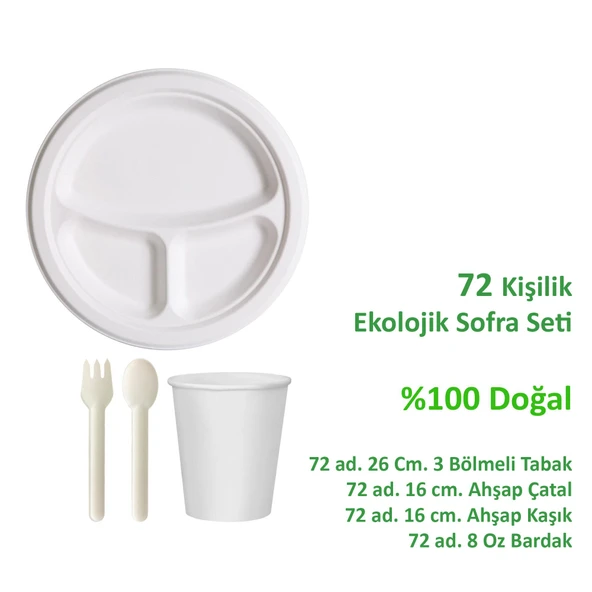Ekolojik 26 Cm. 3 Bölmeli 72 Kişilik Parti Piknik Sofra Sunum Seti -Tabak Bardak Çatal Kaşık Takımı - 2