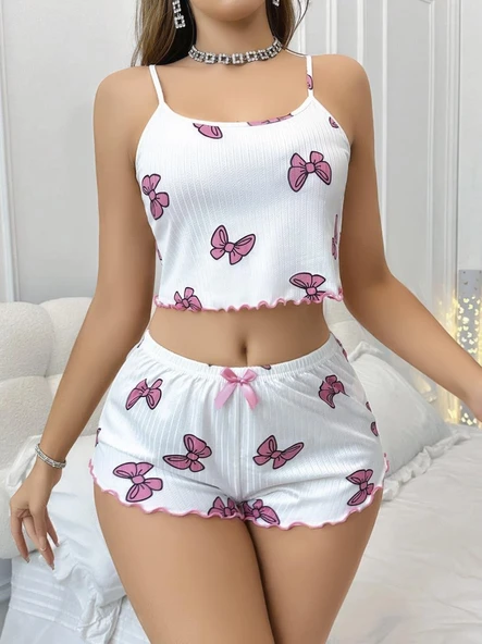 Amora Secret Pamuklu Beyaz Üstüne Pembe Kurdela Desenli Fitilli Askılı Şortlu Pijama Takımı - 2
