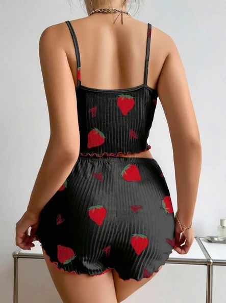 AmoraSecret AmoraSecret Pamuklu Siyah Üstüne Çilek Desen Fitilli Askılı Şortlu Pijama Takımı - 3