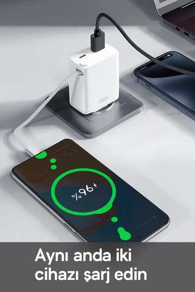 30W GaN Hızlı Şarj Cihazı  USBA & USBC Çıkışlı, Entegre Kablolu Kendinden Kablolu - 5