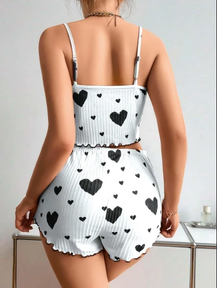 AmoraSecret AmoraSecret Pamuklu Beyaz Üstüne Siyah Kalp Desen Fitilli Askılı Şortlu Pijama Takımı - 2