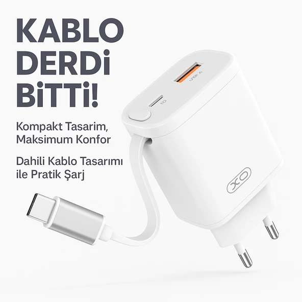 30W GaN Hızlı Şarj Cihazı  USBA & USBC Çıkışlı, Entegre Kablolu Kendinden Kablolu - 3