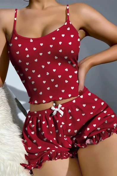 Amora Secret Pamuklu Kırmızı Üstüne Beyaz Kalp Desen Fitilli Askılı Şortlu Pijama Takımı - 2