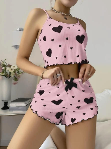 Amora Secret Pamuklu Pembe Üstüne Siyah Kalp Desenli Askılı Fitilli Şortlu Pijama Takımı - 2