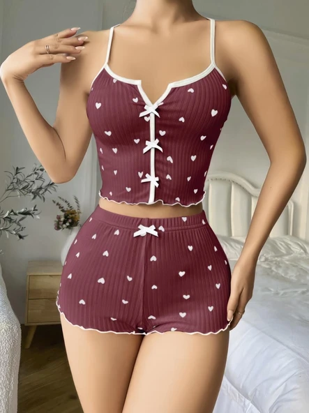 AmoraSecret AmoraSecret Pamuklu Kahverengi Üstüne Beyaz Kalp Desen Fitilli Askılı Şortlu Pijama Takımı - 2