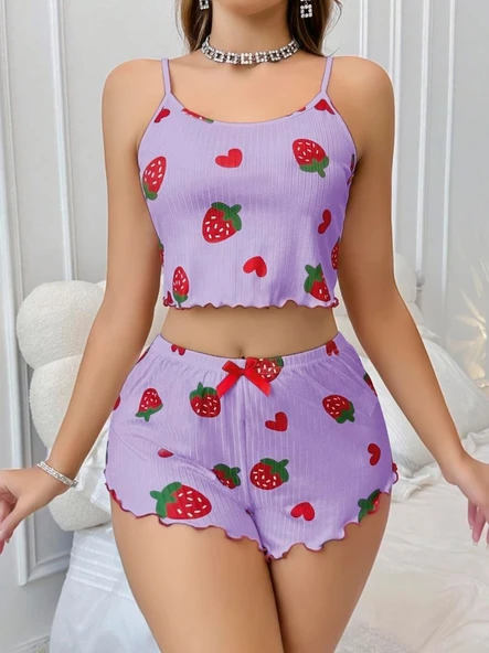 Amora Secret Pamuklu Lila Üstüne Çilek Desen Fitilli Askılı Şortlu Pijama Takımı - 2