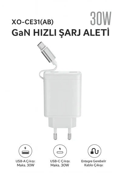 30W GaN Hızlı Şarj Cihazı  USBA & USBC Çıkışlı, Entegre Kablolu Kendinden Kablolu