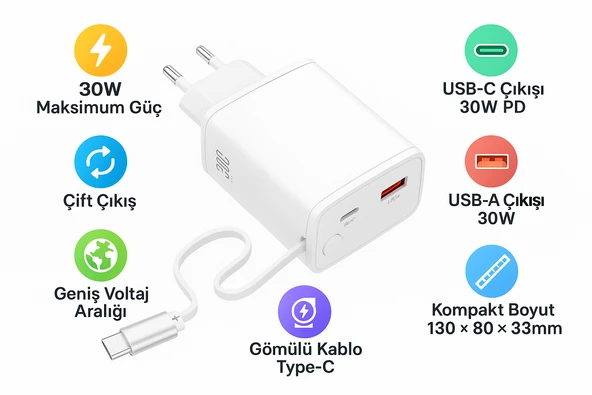 30W GaN Hızlı Şarj Cihazı  USBA & USBC Çıkışlı, Entegre Kablolu Kendinden Kablolu - 2