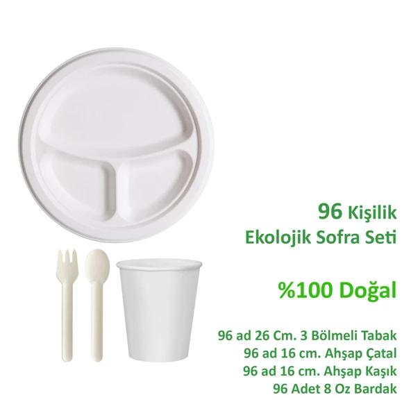 Ekolojik 26 Cm. 3 Bölmeli 96 Kişilik Parti Piknik Sofra Sunum Seti -Tabak Bardak Çatal Kaşık Takımı - 2
