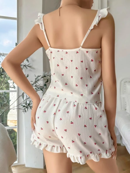 Amora Secret Pamuklu Beyaz Üstüne Kiraz Desen Fırfır Askılı Şortlu Pijama Takımı - 3