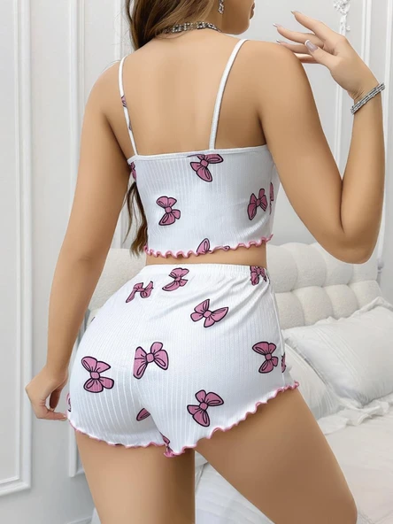 AmoraSecret AmoraSecret Pamuklu Beyaz Üstüne Pembe Kurdela Desenli Fitilli Askılı Şortlu Pijama Takımı - 3