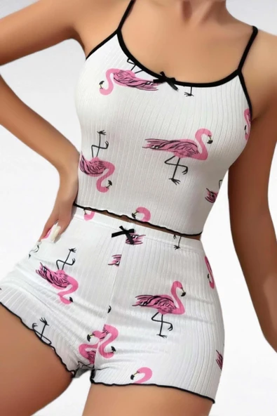 Amora Secret Pamuklu Beyaz Üstüne Pelikan Desen Fitilli Askılı Şortlu Pijama Takımı