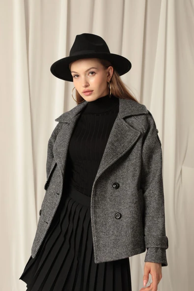 Kaşe Kumaş Balıksırtı Desen Kısa Kadın Siyah Kaban - 2