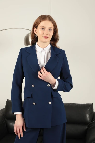 Poliviskon Kumaş Kadın Ceket-Lacivert - Resim 3