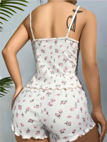 AmoraSecret AmoraSecret Pamuklu Beyaz Üstüne Çiçek Desen Fitilli Askılı Şortlu Pijama Takımı - 3