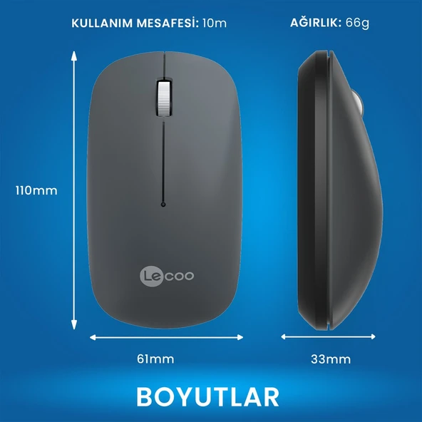 Lecoo WS214 Kablosuz 1200DPI 3 Tuşlu Optik Mouse Gri - 4