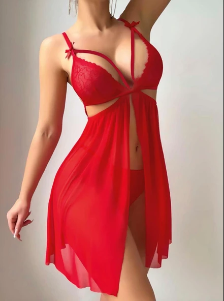 Amora Secret Kırmızı Göğüs İp Detaylı Dantel İşlemeli Tül Gecelik - Resim 2