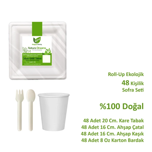 Ekolojik Kare 20 Cm. 48 Kişilik Parti Piknik Sofra Sunum Seti - Tabak Bardak Çatal Kaşık Takımı - Resim 2