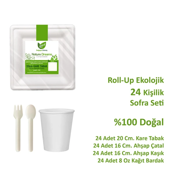 Ekolojik Kare 20 Cm. 24 Kişilik Parti Piknik Sofra Sunum Seti - Tabak Bardak Çatal Kaşık Takımı - 2