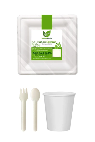 Ekolojik Kare 20 Cm. 48 Kişilik Parti Piknik Sofra Sunum Seti - Tabak Bardak Çatal Kaşık Takımı ürün görseli 1