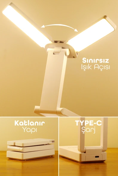Şarjlı Masa Lambası 3 Renk 40 LED Katlanır Ayarlı Dokunmatik Dimmerli Okuma Işığı PR18 - Resim 7