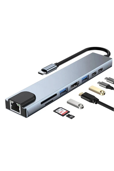 SHAZA 8in1 USB Type-C Hub Port Adaptör HDMI USB Ethernet PD Girişli - 2