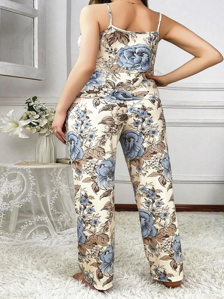 Arias Closet Büyük Beden Mavi Çiçek Desenli İnce Askılı 2'li Saten Pijama - 2