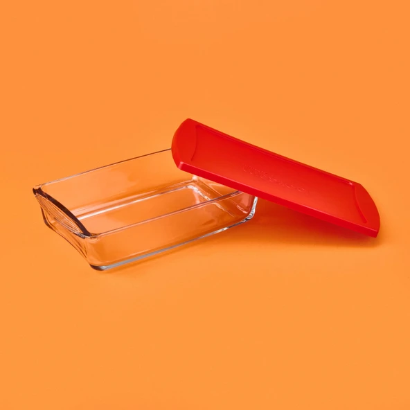 Kapaklı Dikdörtgen Borcam - Şeffaf / Kırmızı - 1320 ml - Resim 3