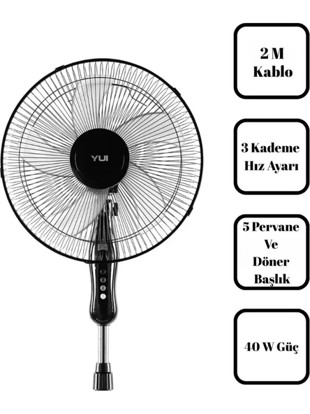 YUİ F29 120cm 40W 16" 3 Kademe 5 Pervane Döner Başlıklı Vantilatör Siyah - 2