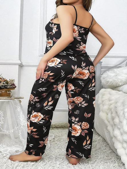 AmoraSecret AmoraSecret Büyük Beden Siyah Üstüne Çiçek Desenli İnce Askılı 2'li Pijama Takımı - 3