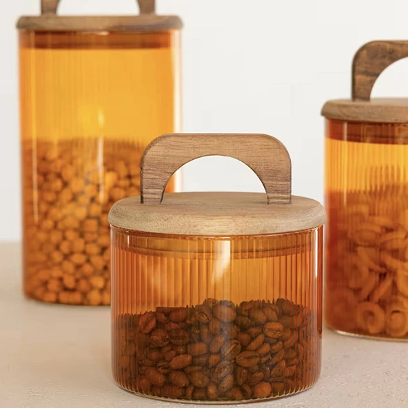 Mia Akasya Kulplu Cam Kavanoz - Amber - 350 ml - Resim 2