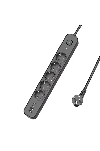5 Prizli Akım Korumalı Uzatma Kablosu | 2xUSB-A + 2xUSB-C | 3680W - 2m Kablo - 1