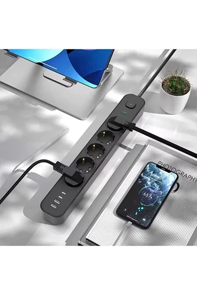 5 Prizli Akım Korumalı Uzatma Kablosu | 2xUSB-A + 2xUSB-C | 3680W - 2m Kablo - 4