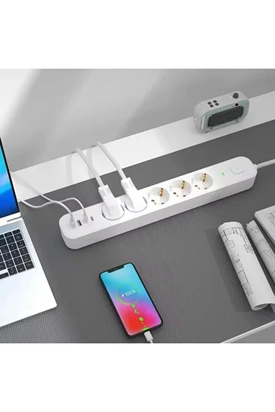 5 Prizli Akım Korumalı Uzatma Kablosu | 2xUSB-A + 2xUSB-C | 3680W - 2m Kablo - 3