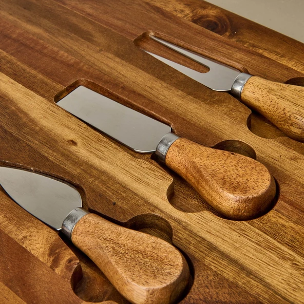 Akasya Bıçaklı Oval Peynir Sunum Tahtası - Kahverengi - 48x22 cm - 3