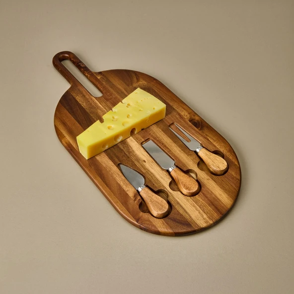 Akasya Bıçaklı Oval Peynir Sunum Tahtası - Kahverengi - 48x22 cm