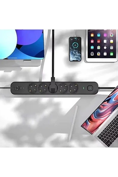 5 Prizli Akım Korumalı Uzatma Kablosu | 2xUSB-A + 2xUSB-C | 3680W - 2m Kablo - 2