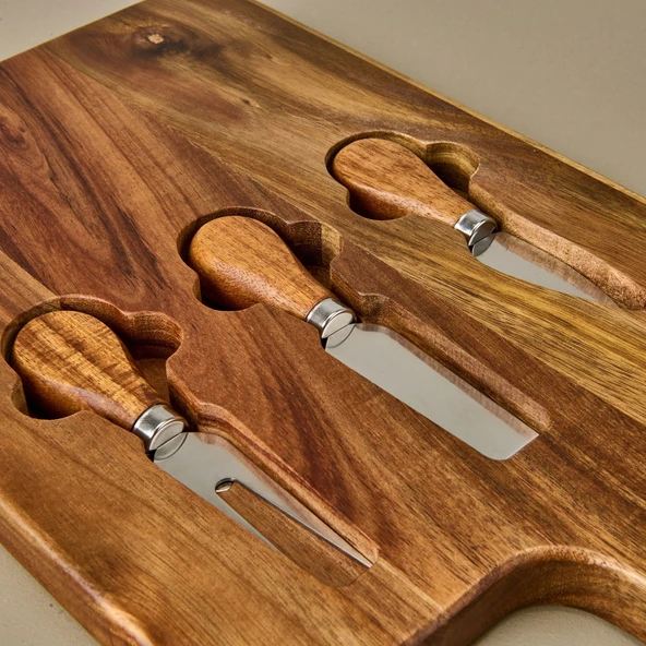 Akasya Bıçaklı Kare Peynir Sunum Tahtası - Kahverengi - 37x22 cm - 3