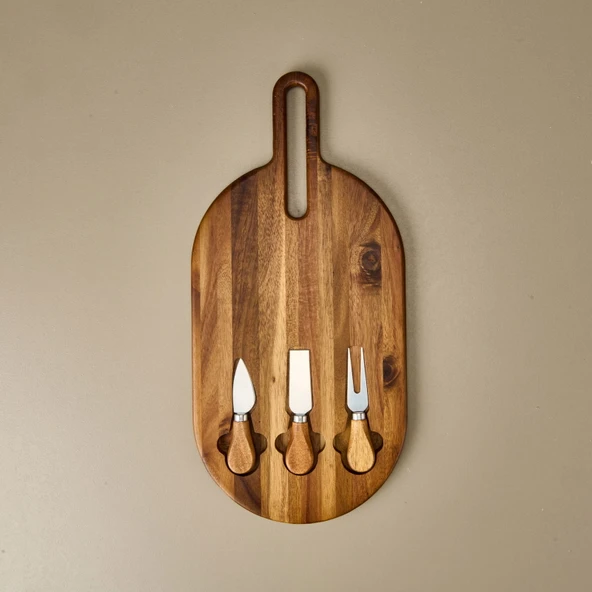Akasya Bıçaklı Oval Peynir Sunum Tahtası - Kahverengi - 48x22 cm - 2