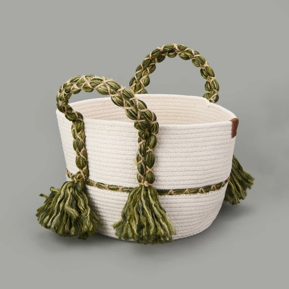 Living Green Culture Dekoratif Sepet - Krem / Yeşil - 25x21 cm ürün görseli