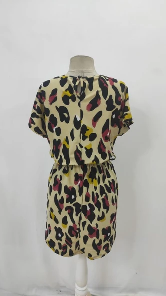 Kadın Kısa Kollu Yuvarlak Yaka Beli Kuşaklı Geometrik Desenli Süprem Elbise - Resim 6