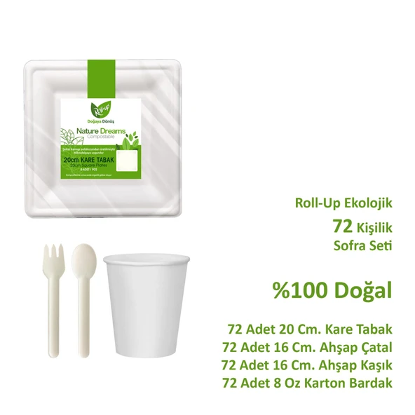 Ekolojik Kare 20 Cm. 72 Kişilik Parti Piknik Sofra Sunum Seti - Tabak Bardak Çatal Kaşık Takımı - 2