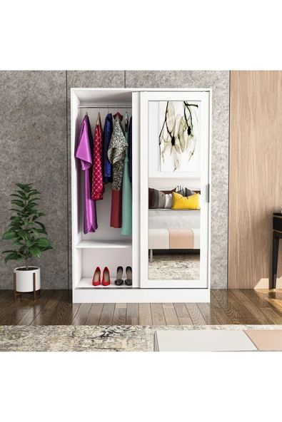 TUMBLERA Berceste Beyaz 2 Sürgü Kapaklı Aynalı 10 Bölmeli Dolap Gardırop - 5
